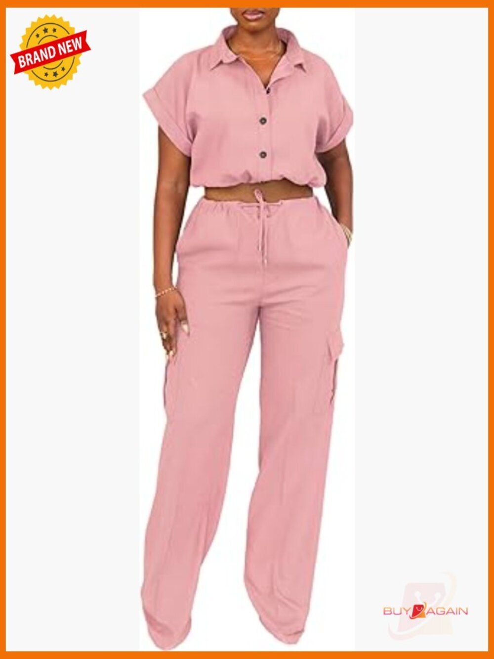 2 Piece Outfits Short Sleeve Button Crop Top Wide Leg Cargo Pants Set